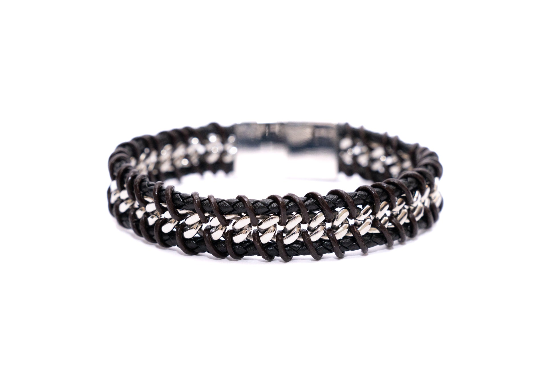 Men's braided black leather bracelet with stainless steel chain detail and magnetic clasp.