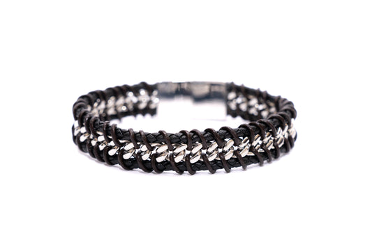 Men's braided black leather bracelet with stainless steel chain detail and magnetic clasp.