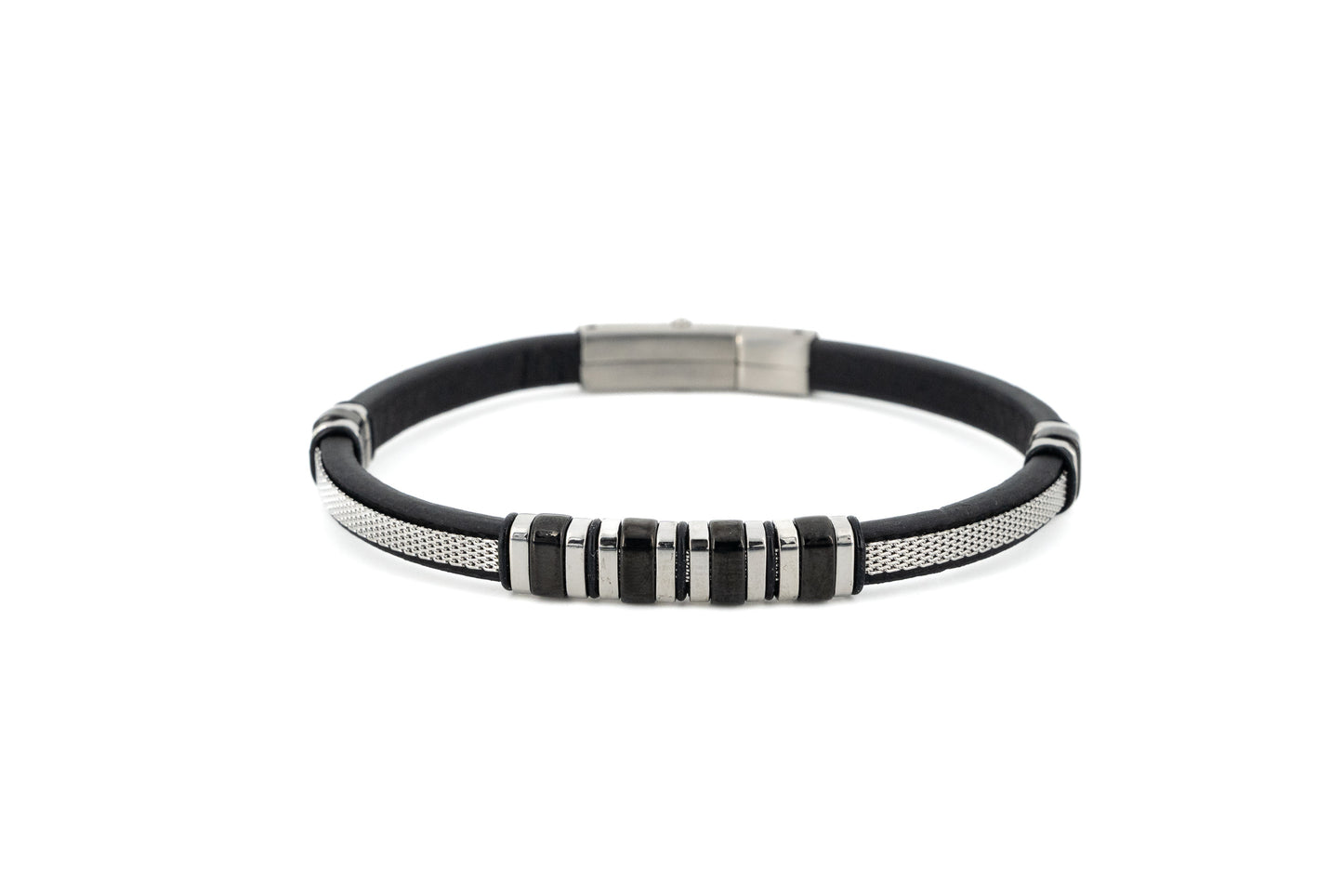 A black and silver beaded bracelet with a textured silver band and a silver magnetic clasp, shown on a plain white background.