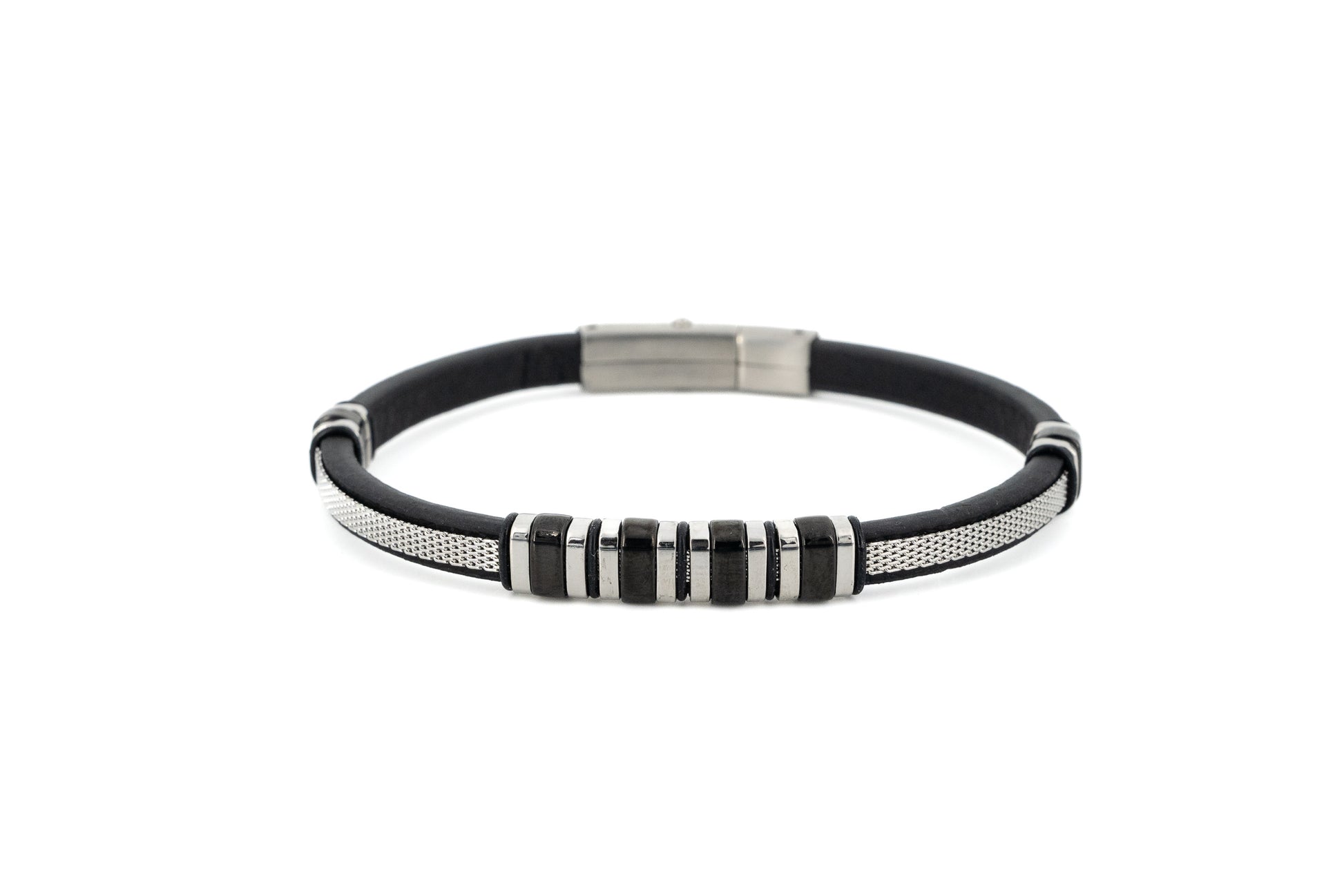 A black and silver beaded bracelet with a textured silver band and a silver magnetic clasp, shown on a plain white background.