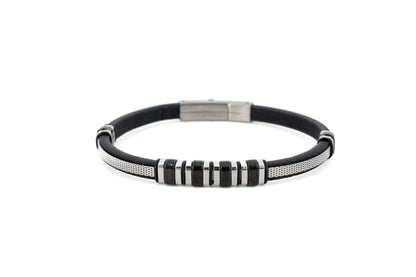 A black and silver beaded bracelet with a textured silver band and a silver magnetic clasp, shown on a plain white background.