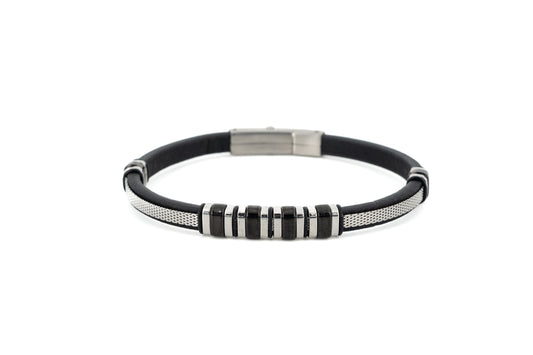 A black and silver beaded bracelet with a textured silver band and a silver magnetic clasp, shown on a plain white background.