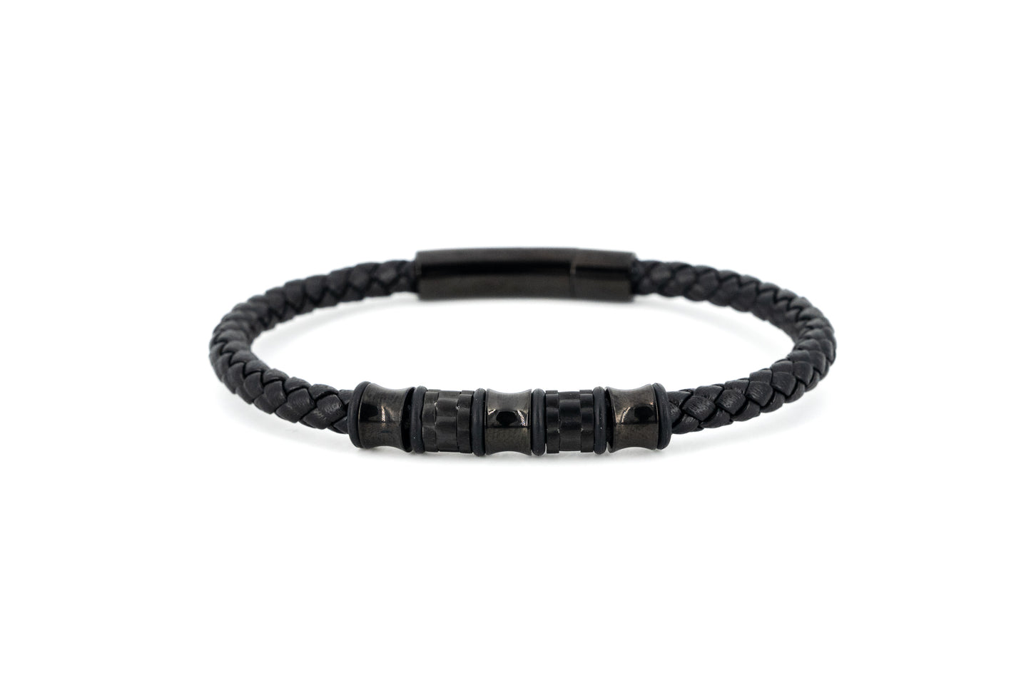 Black braided leather bracelet with twisted stainless steel centre detail and magnetic snap closure on white background