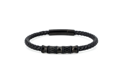 Black braided leather bracelet with twisted stainless steel centre detail and magnetic snap closure on white background