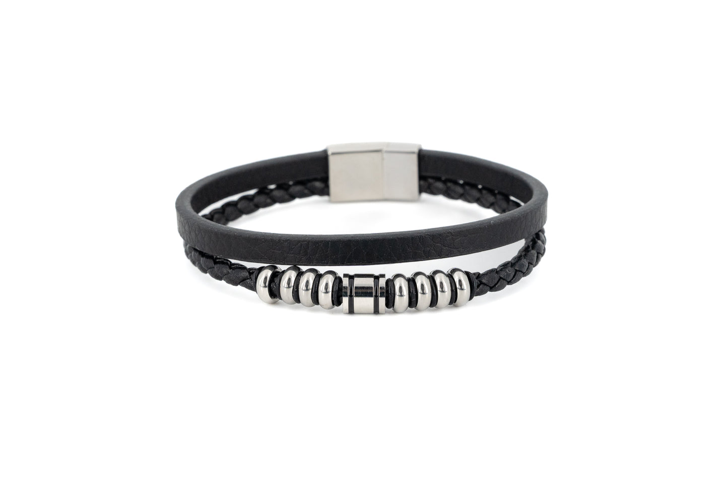 Black double-strand leather bracelet with smooth and braided strands, polished silver stainless steel centre rings and magnetic snap closure on white background