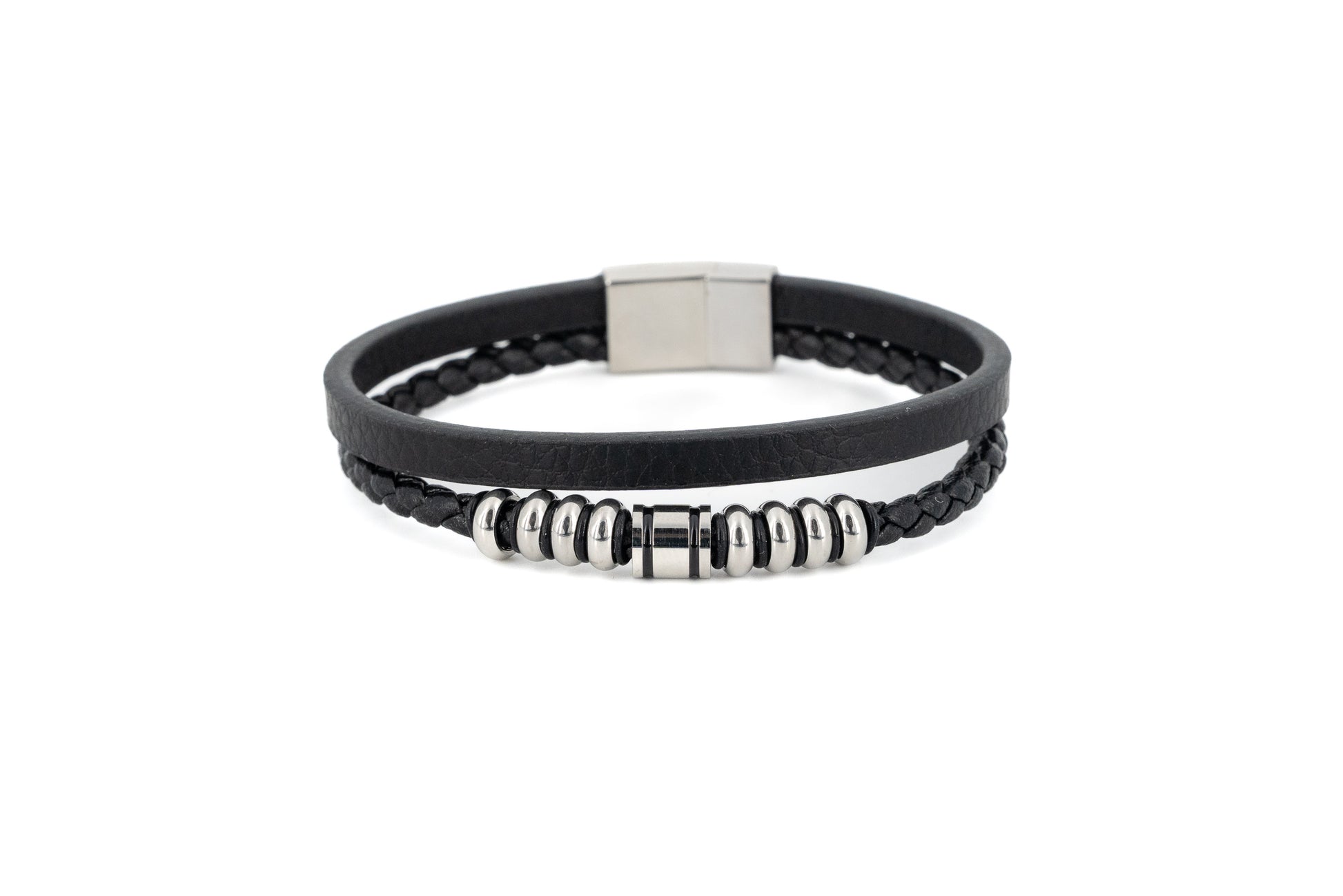 Black double-strand leather bracelet with smooth and braided strands, polished silver stainless steel centre rings and magnetic snap closure on white background
