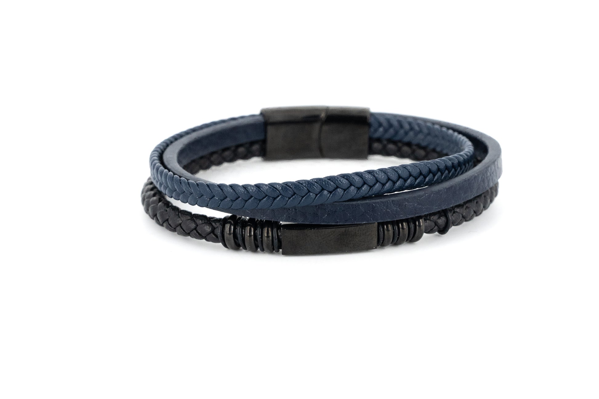 Navy blue and black double-strand braided leather bracelet with black stainless steel centre detail and magnetic snap closure on white background