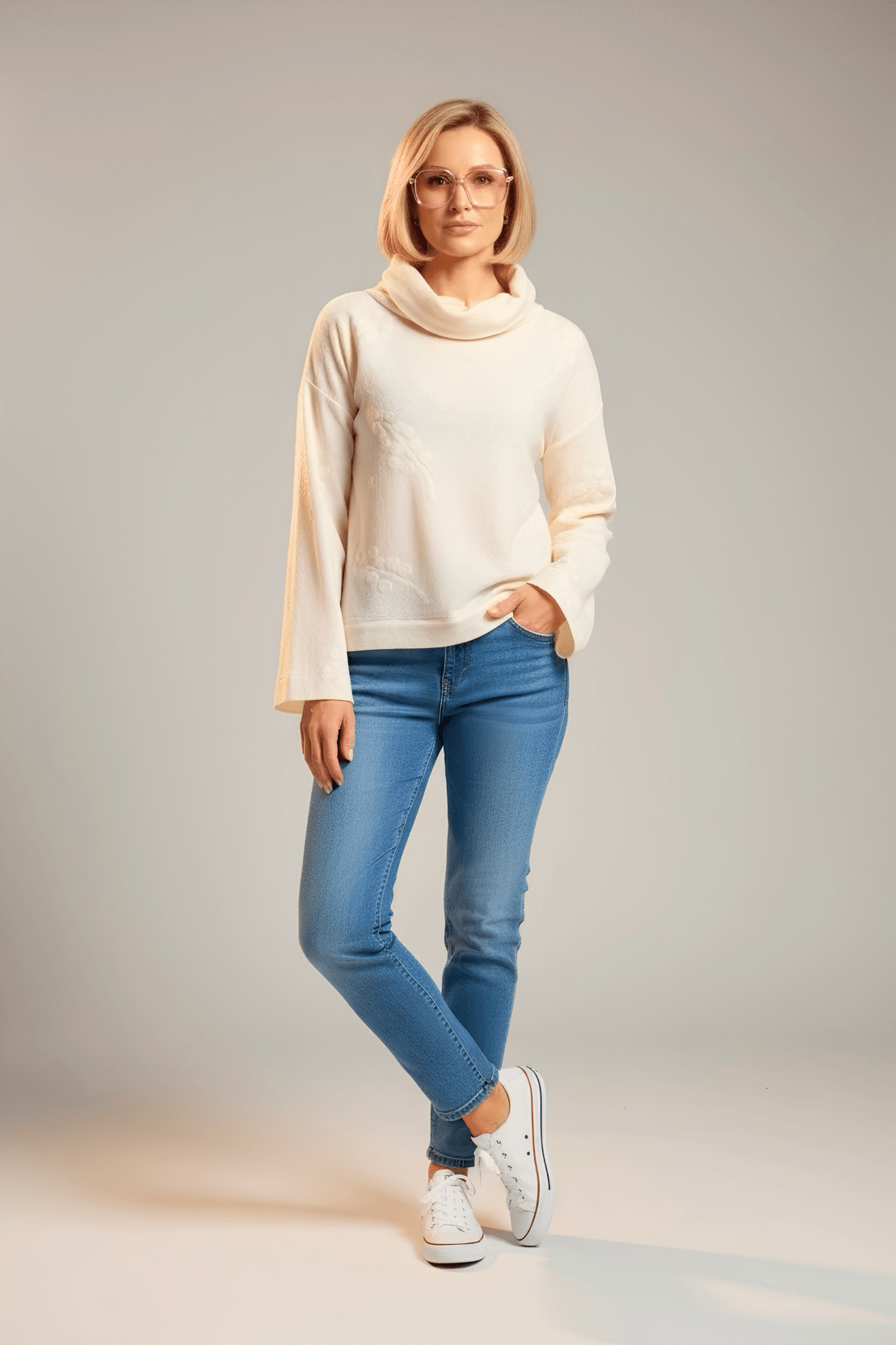 Woman wearing a cream Nuno Milano cowl-neck Merino wool sweater with botanical motifs, styled with blue jeans and white sneakers — full-length studio sho