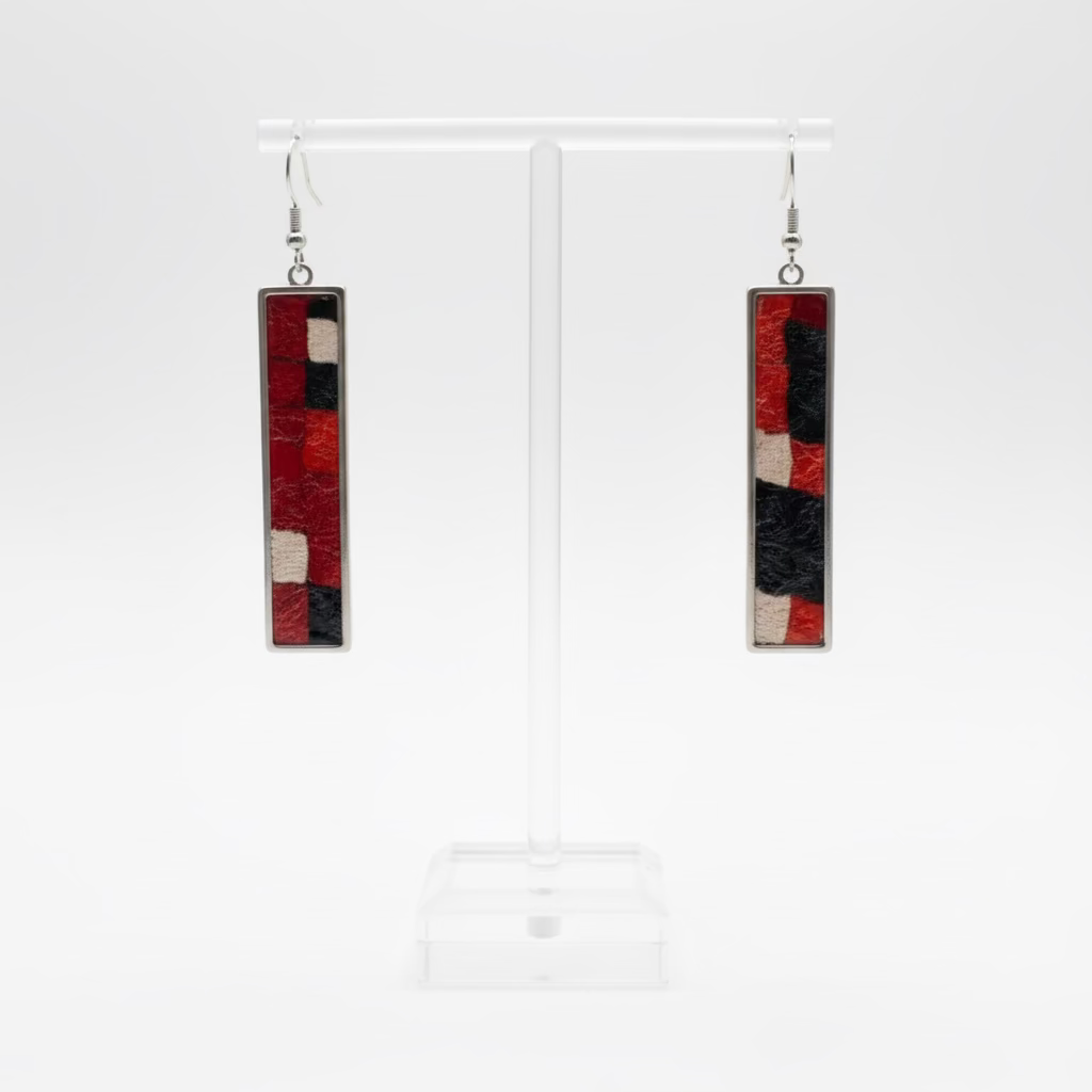 A pair of long rectangular dangle earrings with a red, black, and cream geometric pattern from Nuno Felt, displayed on a clear acrylic stand against a white wall.