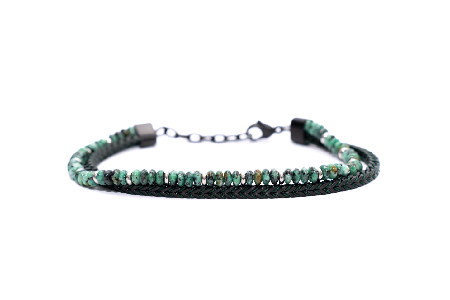 Men's two-strand bracelet with braided black leather and African turquoise stone beads with stainless steel accents and adjustable chain fastening on white background