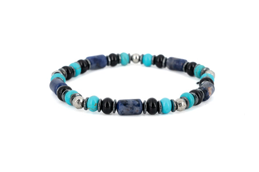 Men's stretch bracelet with turquoise stone beads, black agate and sodalite beads with stainless steel accents on white background