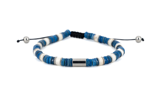 Men's bracelet with blue and white natural stone disc beads, polished silver stainless steel centrepiece and adjustable cord fastening on white background