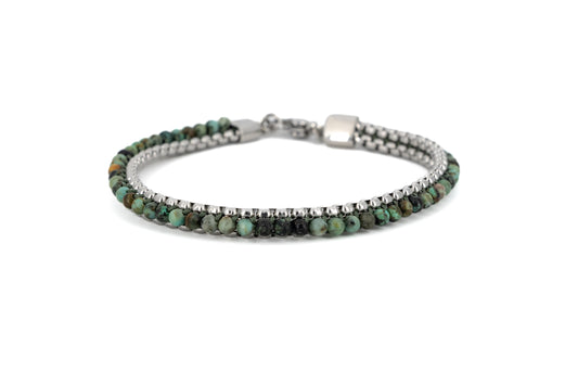 Men's bracelet with genuine African turquoise stone beads and polished stainless steel box chain, with lobster clasp fastening on white background