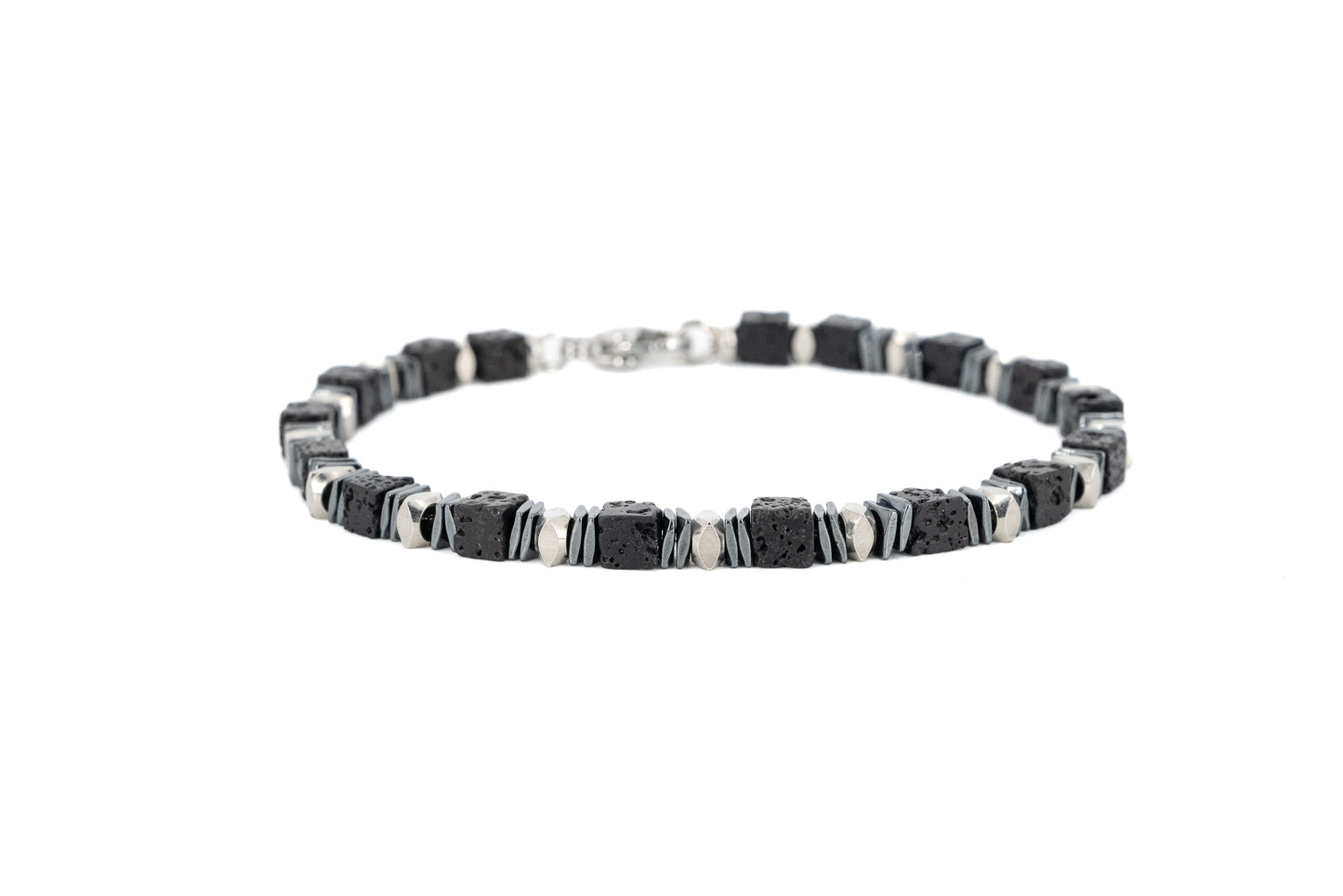 Men's bracelet with square black lava stone beads and polished stainless steel accents, with lobster clasp fastening on white background