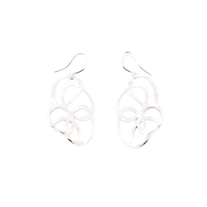 A pair of silver dangling earrings with an intricate openwork filigree design, shown against a plain white background.