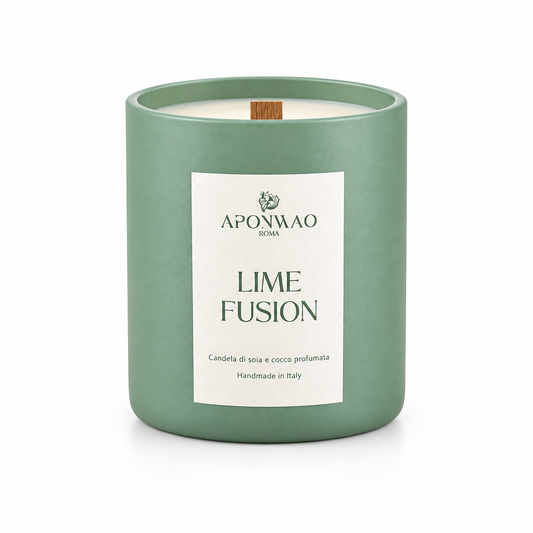 Sage green votive candle with a lime fusion scent on a white background made by Aponwao Roma.