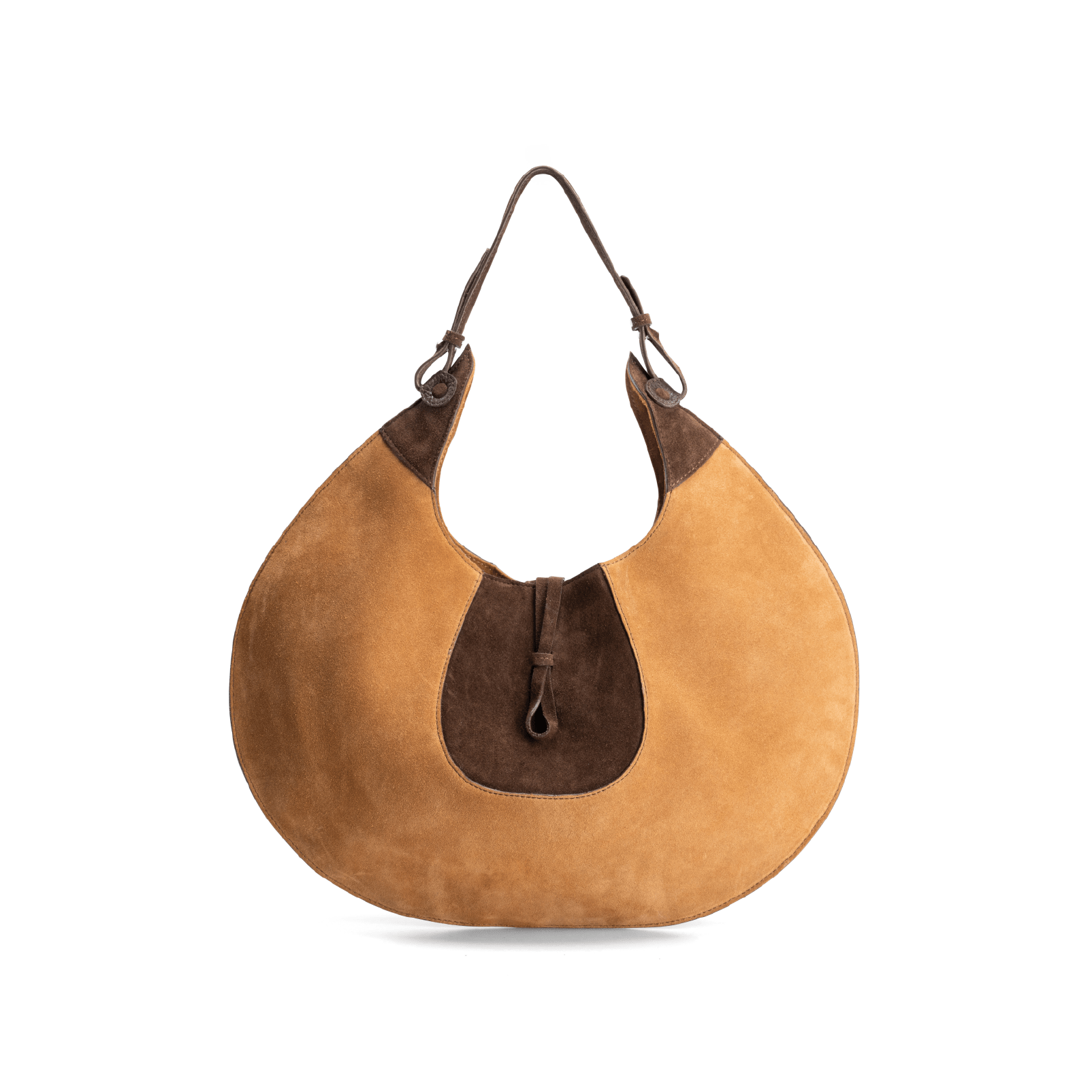 The back view of a caramel and chocolate luxury designer suede tote bag, showcasing the curved designer silhouette against a white background.