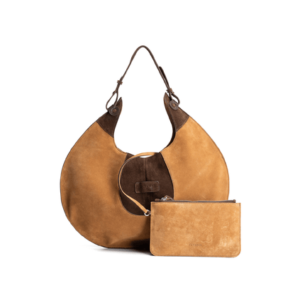 Front view of a caramel and chocolate luxury suede tote bag with a matching small pouch attached by a strap, displayed on a white background.