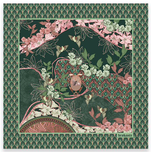 A flat lay scarf featuring an emerald, pink and white garden filled with flowers and birds.