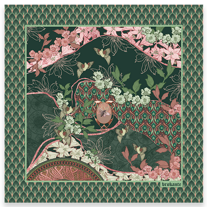 A flat lay scarf featuring an emerald, pink and white garden filled with flowers and birds.