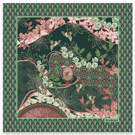 A flat lay scarf featuring an emerald, pink and white garden filled with flowers and birds.
