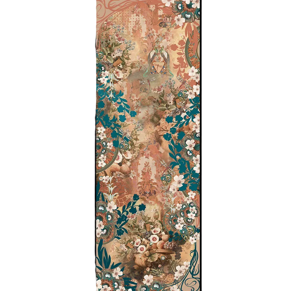 The Camélia Sépia cashmere scarf shown flat showing its golden caramel print with petrol-green foliage, ivory flowers and dragonflies 