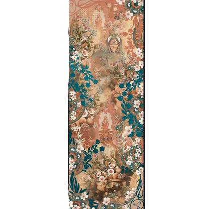 The Camélia Sépia cashmere scarf shown flat showing its golden caramel print with petrol-green foliage, ivory flowers and dragonflies 
