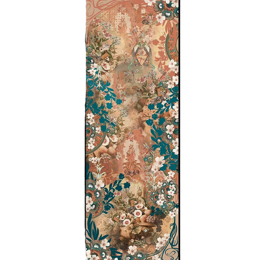 The Camélia Sépia cashmere scarf shown flat showing its golden caramel print with petrol-green foliage, ivory flowers and dragonflies 