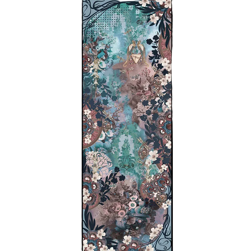  he Camélia Turquoise cashmere scarf shown flat, its floral print in turquoise, antique rose and taupe on a grey background.