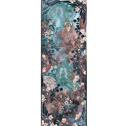  he Camélia Turquoise cashmere scarf shown flat, its floral print in turquoise, antique rose and taupe on a grey background.