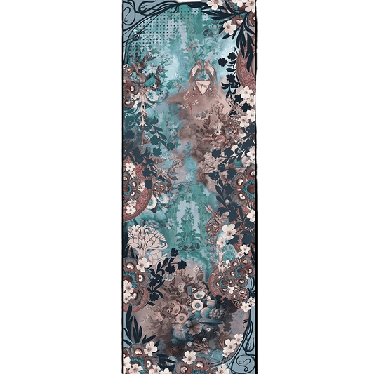  he Camélia Turquoise cashmere scarf shown flat, its floral print in turquoise, antique rose and taupe on a grey background.