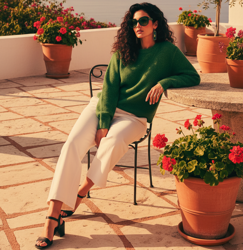 A woman with large sunglasses sitting on a sun drenched patio wearing a pair of long rectangular pendant earrings with dark green and lime inlays.