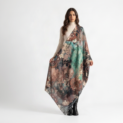 Woman wearing the Camélia Turquoise cashmere scarf draped over one shoulder, its floral print in turquoise, antique rose and taupe falling to her feet.