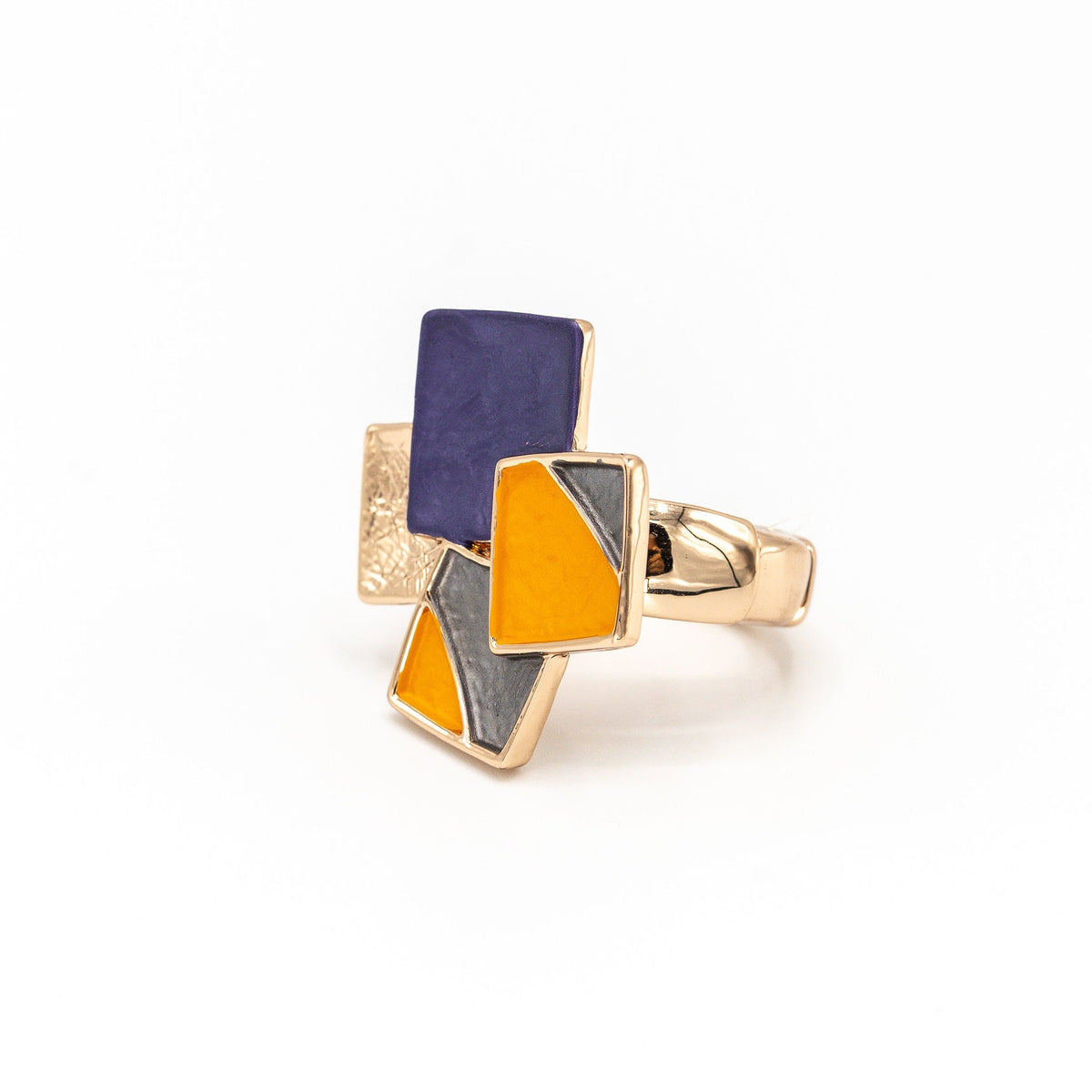 Mosaic Ring by KLK: alternate view of the rose gold colourblock ring showing the angled violet, mustard and grey enamel panels