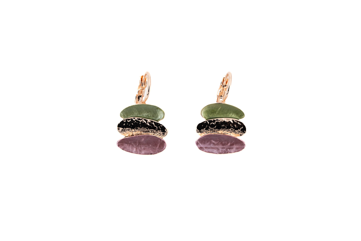 Drop earrings with three layered oval elements in sage green, black and mauve with rose gold plating and lever back fastening on white background