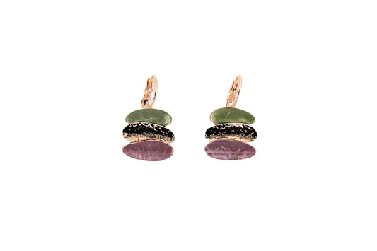 Drop earrings with three layered oval elements in sage green, black and mauve with rose gold plating and lever back fastening on white background