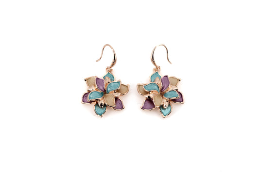 Rose Gold Floral Earrings with hand-painted enamel petals in turquoise, mauve and champagne tones