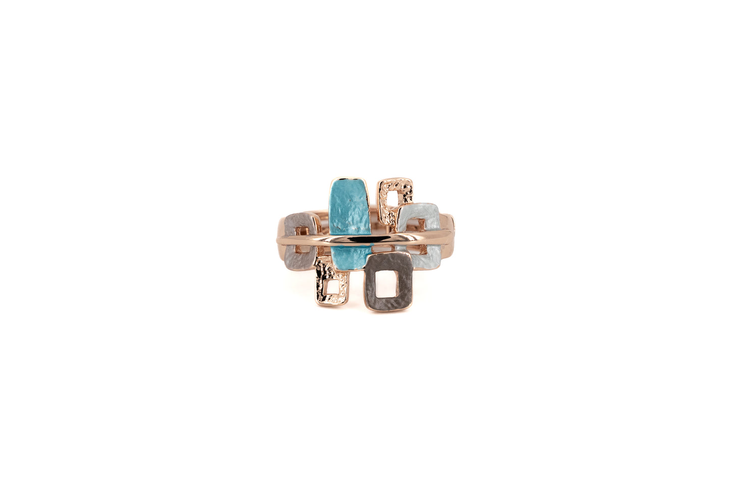 Zamak ring with six overlapping rectangular elements in turquoise, grey, brown and dove grey enamel with rose gold plating