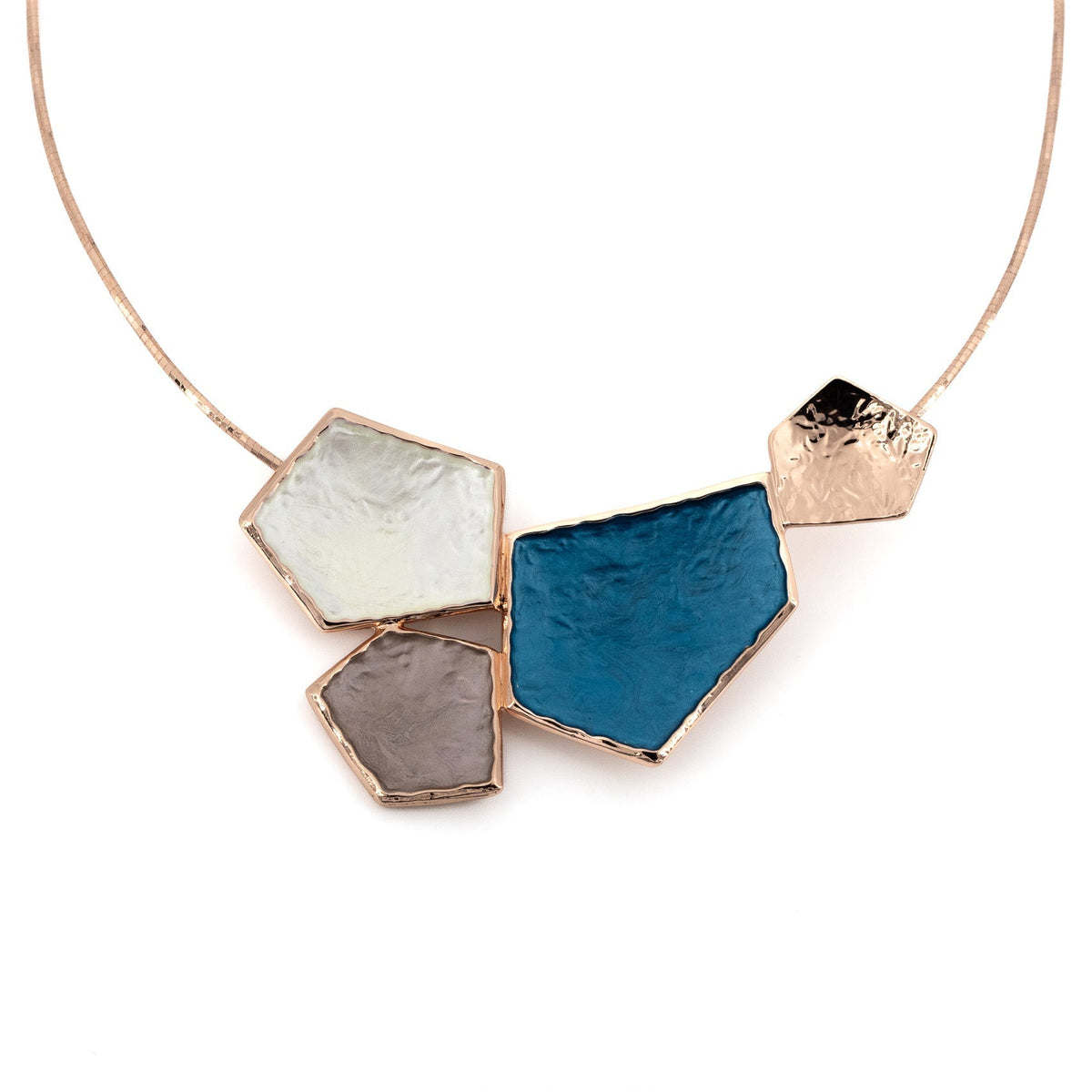 Beehive Necklace: rose gold twisted cable choker with a honeycomb cluster of hand-painted ivory, taupe and petrol blue facets and a hammered rose gold piece
