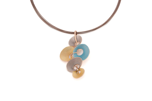 Zamak necklace with five textured shell-shaped pendants in rose gold with turquoise, soft gold and dove grey enamel on brown steel cords