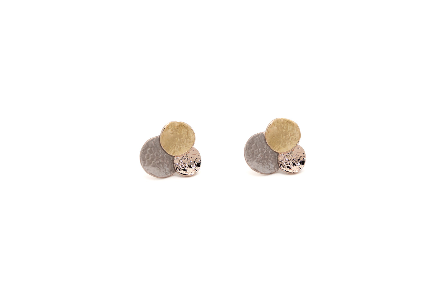 Zamak stud earrings with three overlapping round discs in rose gold, taupe and champagne enamel