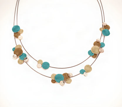 Confetti Necklace double-strand rose gold wire choker with clusters of hand-painted turquoise, gold and hammered rose gold discs