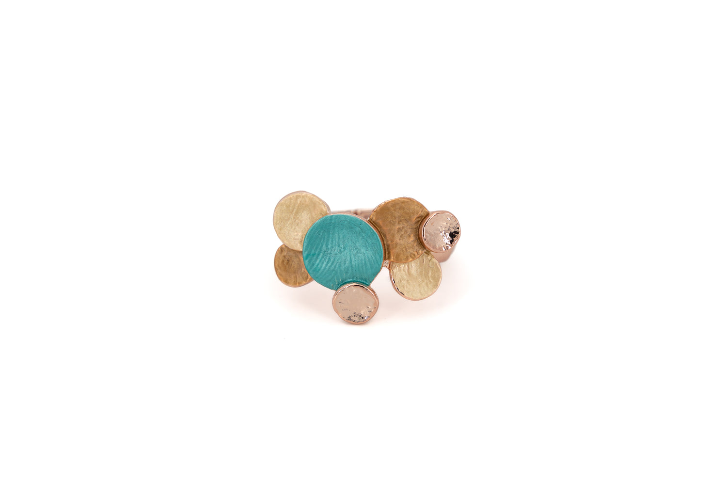 Zamak statement ring with seven overlapping round discs in turquoise, mustard and champagne enamel with rose gold plating


