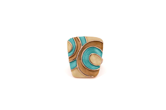 Concentric Circles Zamak Ring in rose gold with turquoise and cream hand-painted enamel, product shot on white background