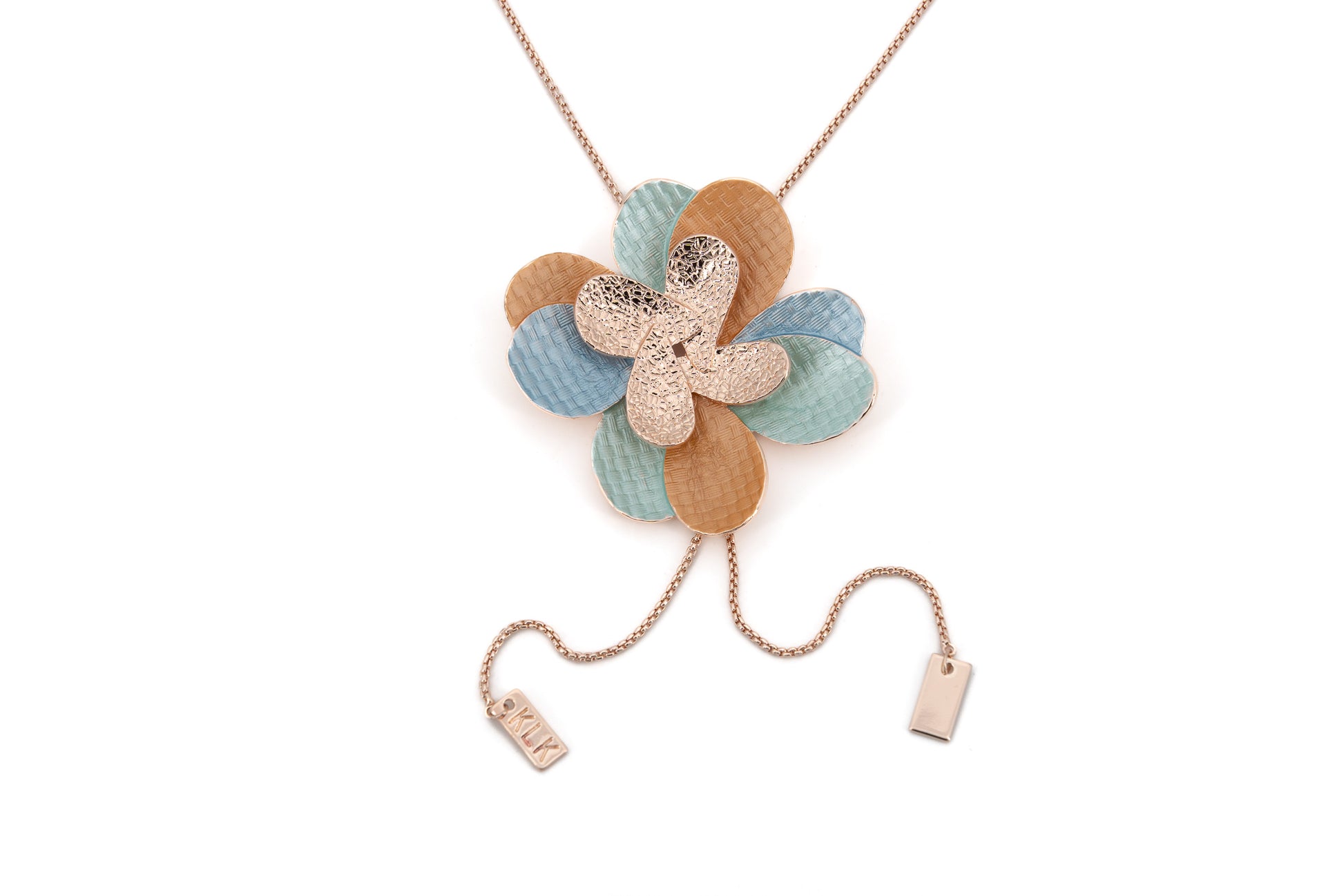 Double Flower Zamak Necklace product shot on white background showing the sculpted double flower pendant with enamel details and adjustable rat-tail chain