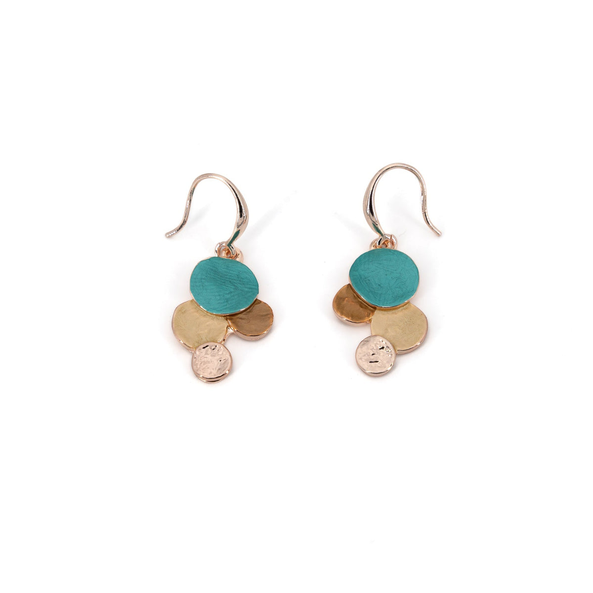Grape Cluster Earrings in rose gold hook drop earrings with a small cluster of hand-painted turquoise, gold and hammered rose gold discs.