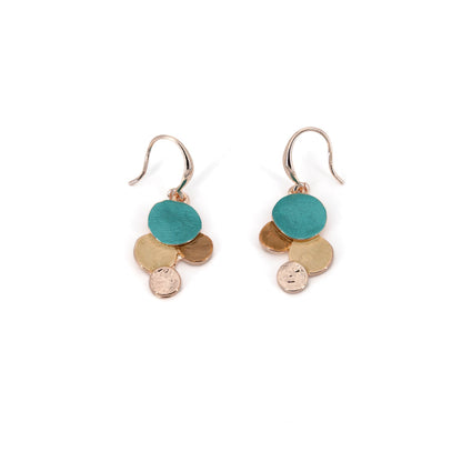 Grape Cluster Earrings in rose gold hook drop earrings with a small cluster of hand-painted turquoise, gold and hammered rose gold discs.