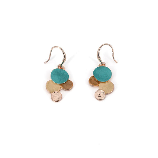 Grape Cluster Earrings in rose gold hook drop earrings with a small cluster of hand-painted turquoise, gold and hammered rose gold discs.