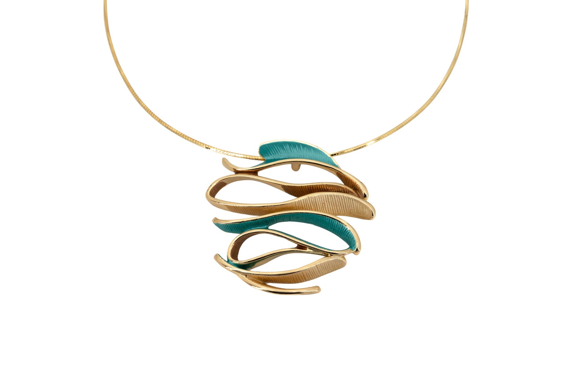 Curved Choker Necklace with gold-plated twisted brass cable and turquoise hand-painted Zamak pendant, product shot on white background