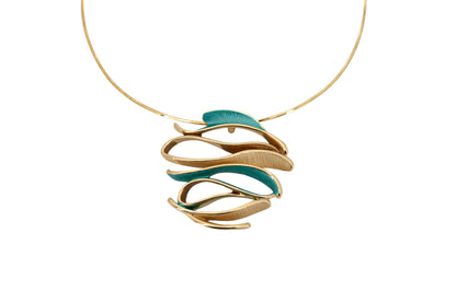 Curved Choker Necklace with gold-plated twisted brass cable and turquoise hand-painted Zamak pendant, product shot on white background